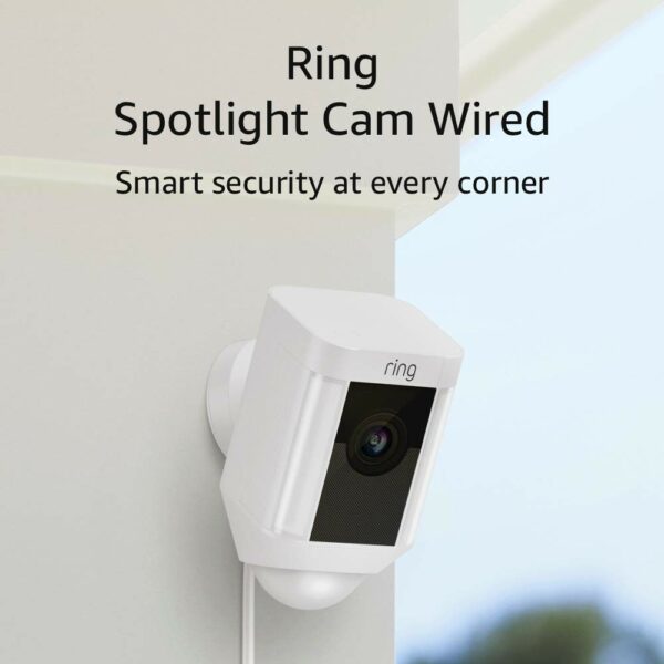 Ring Spotlight Cam Wired: Plugged-in HD security camera with built-in spotlights, two-way talk and a siren alarm, White, Works with Alexa