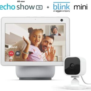 Echo Show 10 (3rd Gen) | Glacier White with Blink Mini Indoor Smart Security Camera, 1080 HD with Motion Detection