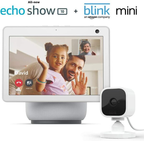 Echo Show 10 (3rd Gen) | Glacier White with Blink Mini Indoor Smart Security Camera, 1080 HD with Motion Detection