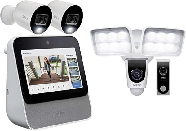 Lorex Smart Home Security Center (64GB) with 2 x 1080p HD Smart Indoor/Outdoor Wi-Fi Cameras with Color Night Vision, 1080p Wi-Fi Dual Floodlight Camera, and 1080p Wi-Fi Video Doorbell